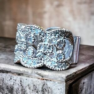 Premier Designs Silver Tone Pave Set Glass Crystals Filigree Ring - Size 5